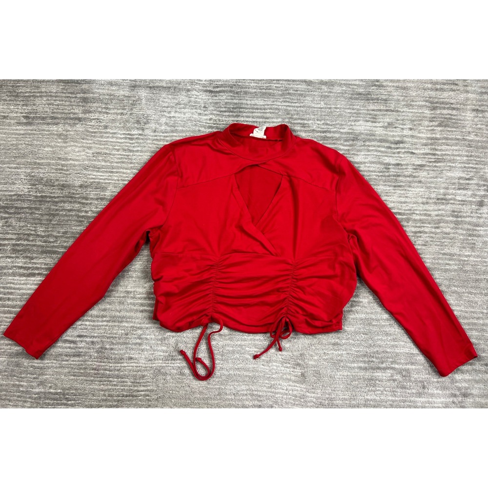 Bae City Top Womens 2X Red Cutout Ruched Long Sleeve Crop Mock Neck Surplice